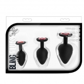 Набор черных анальных пробок с красным кристаллом-сердечком Bling Plugs Training Kit - Blush Novelties - купить с доставкой в Ярославле
