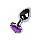 Серебристая коническая анальная пробка с фиолетовым кристаллом-сердечком - 7 см. - ToyFa - купить с доставкой в Ярославле