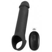Черная вибронасадка для пениса с хомутом для мошонки и пультом ДУ Remote Controlled Penis Extension - Orion - в Ярославле купить с доставкой