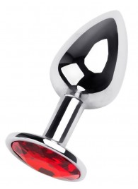 Маленькая коническая серебристая анальная пробка с красным кристаллом - 7 см. - ToyFa - купить с доставкой в Ярославле