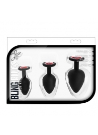 Набор черных анальных пробок с красным кристаллом-сердечком Bling Plugs Training Kit - Blush Novelties - купить с доставкой в Ярославле