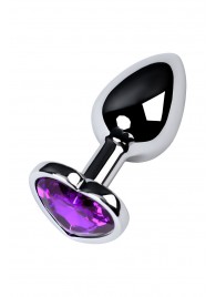 Серебристая коническая анальная пробка с фиолетовым кристаллом-сердечком - 7 см. - ToyFa - купить с доставкой в Ярославле