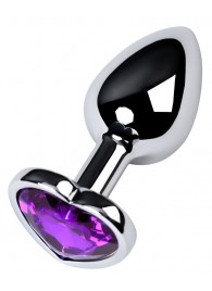 Серебристая коническая анальная пробка с фиолетовым кристаллом-сердечком - 7 см. - ToyFa - купить с доставкой в Ярославле