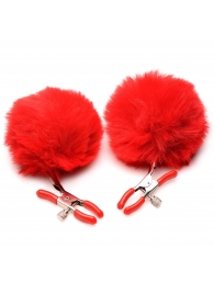 Красные зажимы на соски с помпонами Pom Pom - XR Brands - купить с доставкой в Ярославле