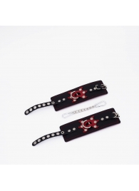 Черные кожаные наручники с красным декором и строчкой - Crazy Handmade - купить с доставкой в Ярославле