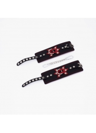 Черные кожаные наручники с красным декором и строчкой - Crazy Handmade - купить с доставкой в Ярославле
