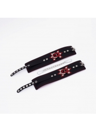 Черные кожаные оковы с красным декором и строчкой - Crazy Handmade - купить с доставкой в Ярославле