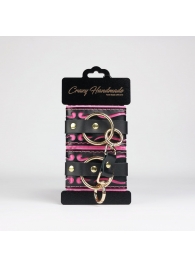 Черные кожаные наручники с розовой строчкой - Crazy Handmade - купить с доставкой в Ярославле