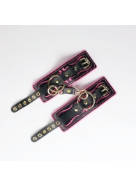 Черные кожаные наручники с розовой строчкой - Crazy Handmade - купить с доставкой в Ярославле