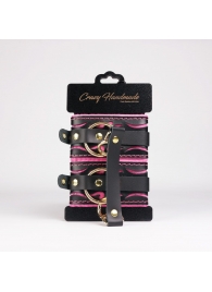 Черные кожаные оковы с розовой строчкой - Crazy Handmade - купить с доставкой в Ярославле