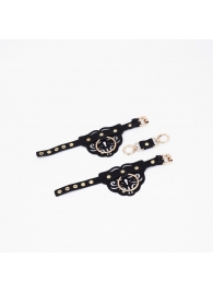 Черные кожаные наручники с клепками, кольцами и золотистой фурнитурой - Crazy Handmade - купить с доставкой в Ярославле