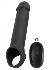 Черная вибронасадка для пениса с хомутом для мошонки и пультом ДУ Remote Controlled Penis Extension - Orion - в Ярославле купить с доставкой