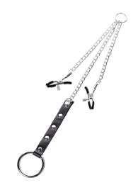 Серебристо-чёрные зажимы для сосков с кольцом для пениса TOYFA Metal - ToyFa - купить с доставкой в Ярославле