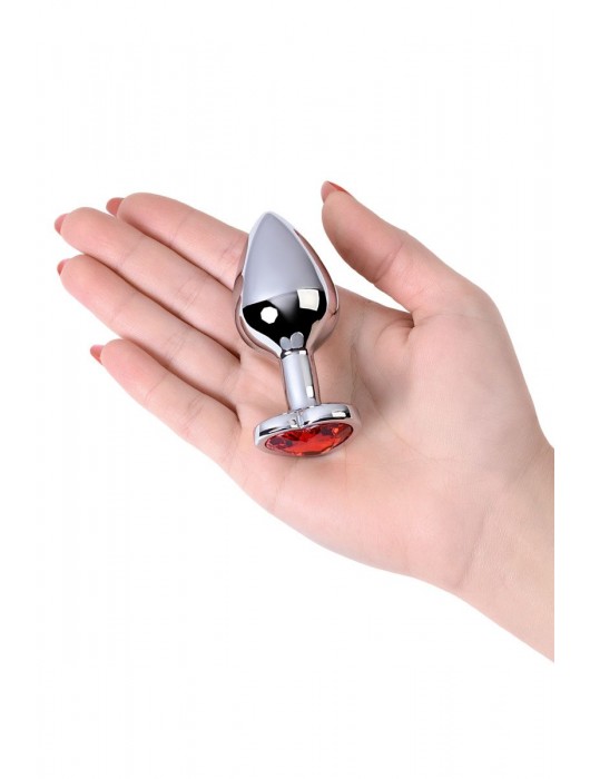 Серебристая коническая анальная пробка с красным кристаллом-сердечком - 7 см. - ToyFa - купить с доставкой в Ярославле