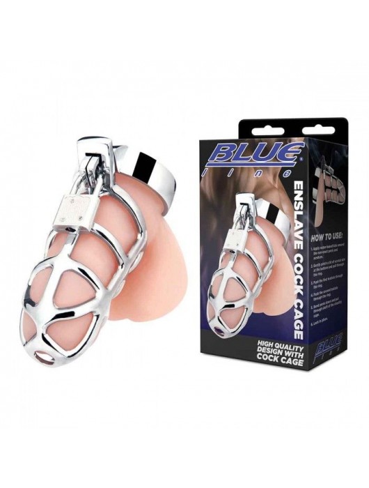 Серебристая металлическая клетка для члена с замком Enslave Cock Cage - BlueLine - купить с доставкой в Ярославле