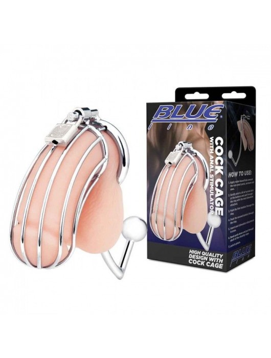 Серебристая металлическая клетка с анальным стимулятором Cock Cage - BlueLine - купить с доставкой в Ярославле