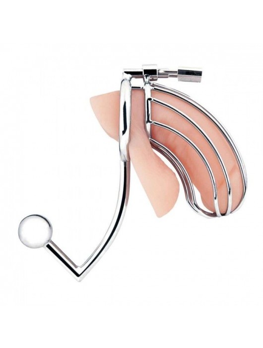 Серебристая металлическая клетка с анальным стимулятором Cock Cage - BlueLine - купить с доставкой в Ярославле