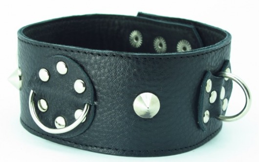 Чёрный кожаный ошейник с кольцами и клёпками - БДСМ Арсенал - купить с доставкой в Ярославле