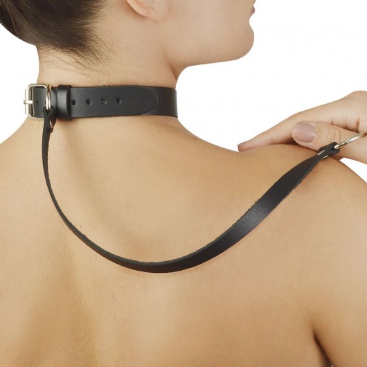 Черный меховой ошейник с кожаным поводком - Sitabella - купить с доставкой в Ярославле