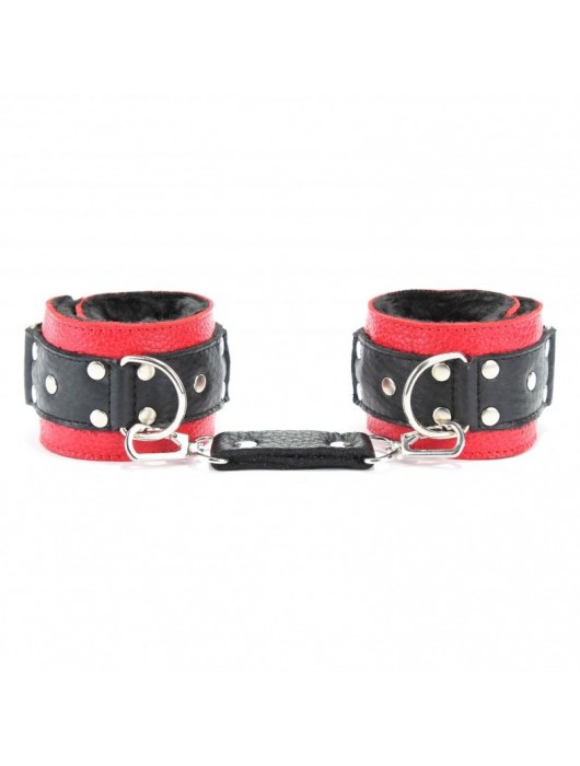 Красно-чёрные кожаные наручники с меховым подкладом - БДСМ Арсенал - купить с доставкой в Ярославле