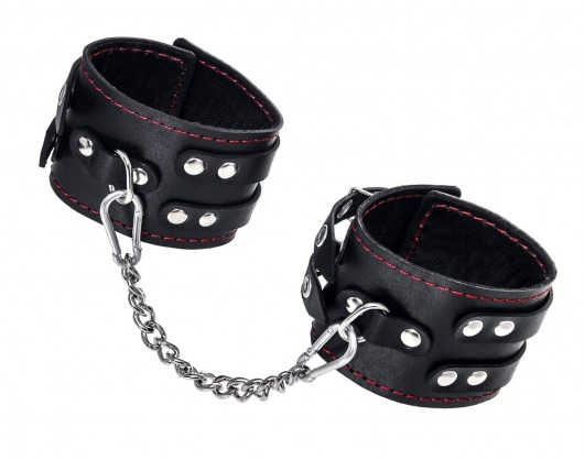 Черные кожаные оковы с двумя ремнями и контрастной строчкой - Pecado - купить с доставкой в Ярославле