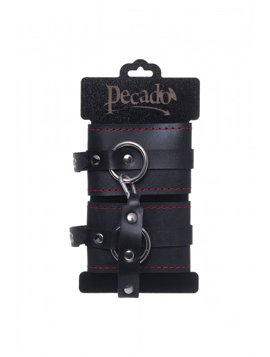 Черные кожаные однослойные оковы с контрастной строчкой - Pecado - купить с доставкой в Ярославле