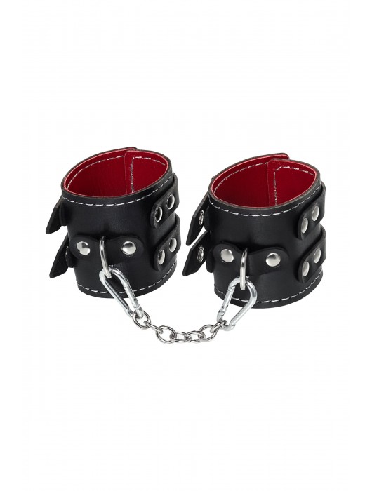 Черные кожаные наручники с двумя ремнями и красной подкладкой - Pecado - купить с доставкой в Ярославле