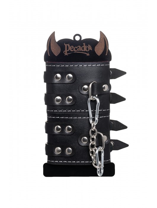 Черные кожаные наручники с двумя ремнями и красной подкладкой - Pecado - купить с доставкой в Ярославле