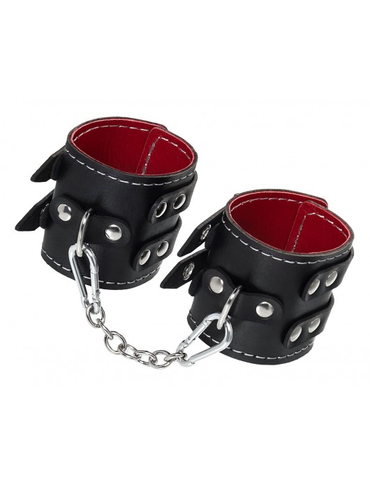 Черные кожаные наручники с двумя ремнями и красной подкладкой - Pecado - купить с доставкой в Ярославле
