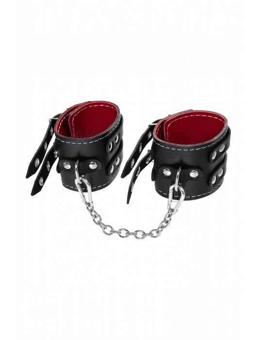 Черные кожаные оковы с двумя ремнями и красной подкладкой - Pecado - купить с доставкой в Ярославле