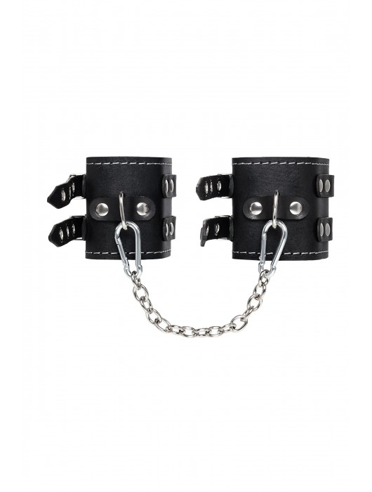 Черные кожаные оковы с двумя ремнями и красной подкладкой - Pecado - купить с доставкой в Ярославле