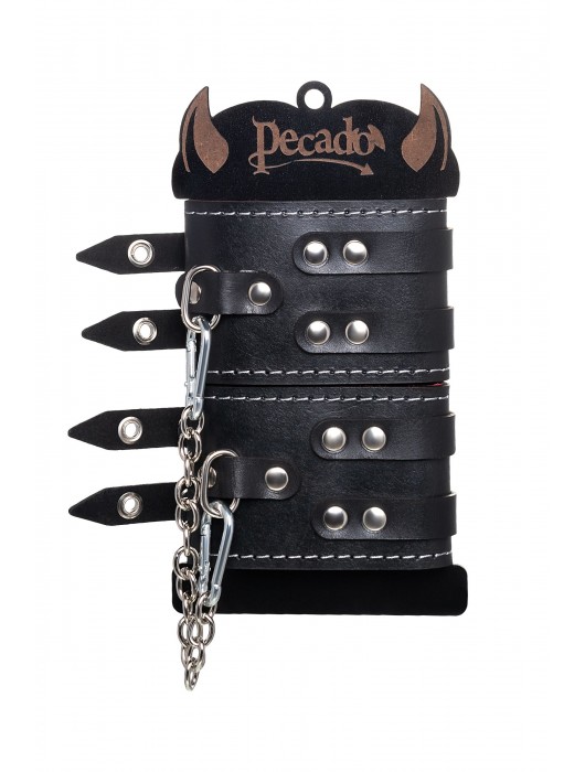 Черные кожаные оковы с двумя ремнями и красной подкладкой - Pecado - купить с доставкой в Ярославле