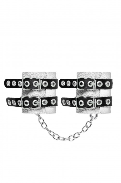 Бело-черные наручники с двумя ремешками и люверсами - Pecado - купить с доставкой в Ярославле