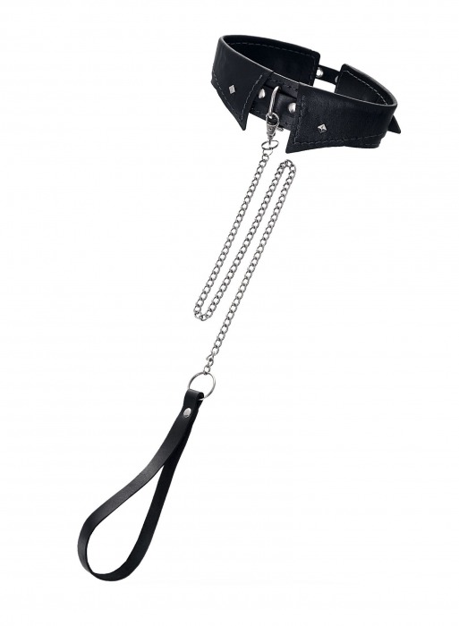 Черный кожаный ошейник-воротник с поводком - Pecado - купить с доставкой в Ярославле