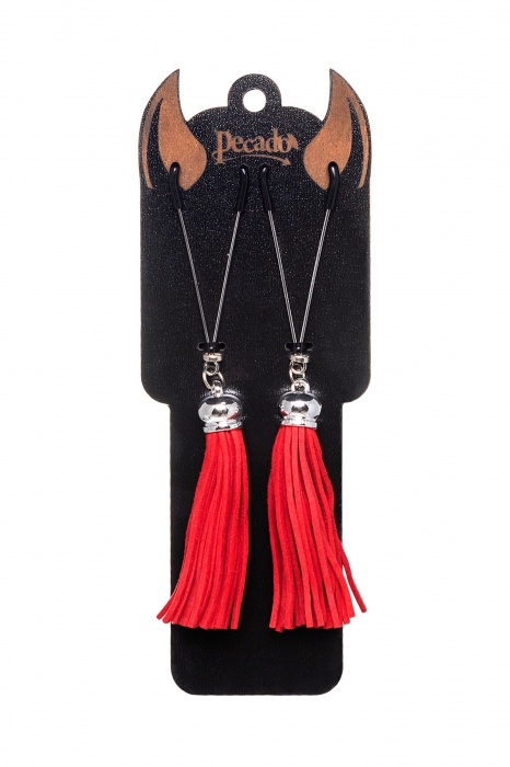 Зажимы на соски «Вилки» с красными кисточками из замши - Pecado - купить с доставкой в Ярославле