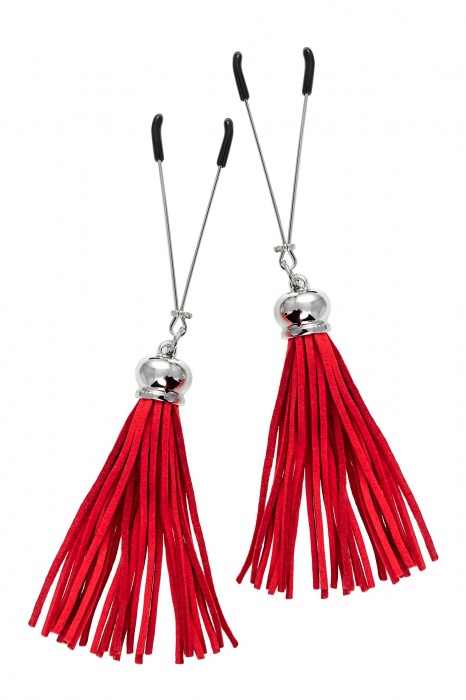 Зажимы на соски «Вилки» с красными кисточками из замши - Pecado - купить с доставкой в Ярославле