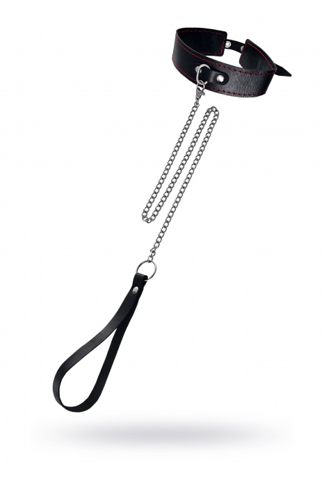 Кожаный двухслойный ошейник с красной строчкой и поводком - Pecado - купить с доставкой в Ярославле