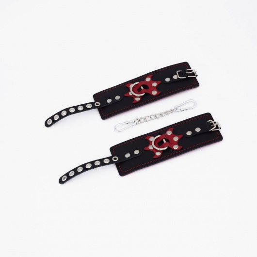 Черные кожаные наручники с красным декором и строчкой - Crazy Handmade - купить с доставкой в Ярославле