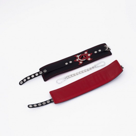 Черные кожаные оковы с красным декором и строчкой - Crazy Handmade - купить с доставкой в Ярославле