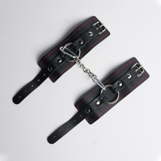 Черные кожаные наручники с красной строчкой - Crazy Handmade - купить с доставкой в Ярославле