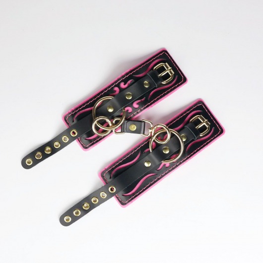 Черные кожаные наручники с розовой строчкой - Crazy Handmade - купить с доставкой в Ярославле