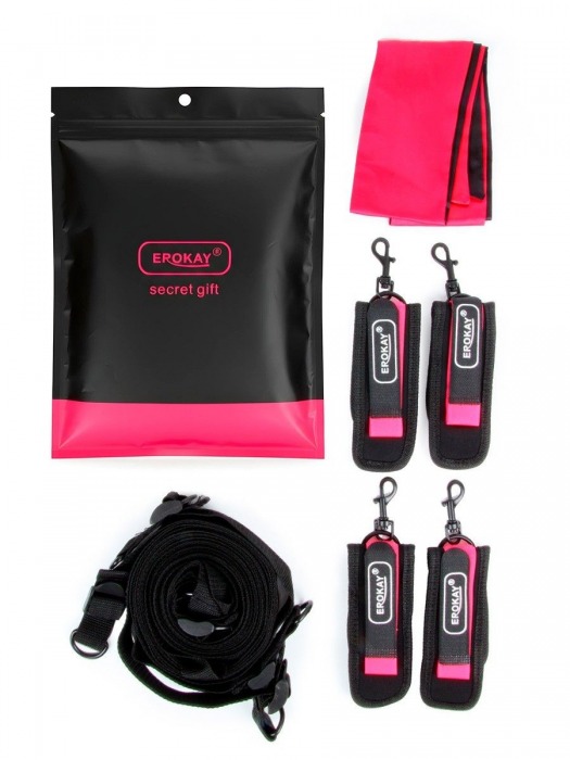 Черно-розовый эротический набор: фиксатор, оковы, наручники, повязка - Erokay - купить с доставкой в Ярославле
