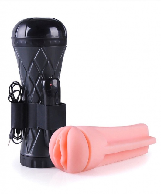 Телесный мастурбатор-вагина в черной колбе с вибрацией - Boys of Toys - в Ярославле купить с доставкой