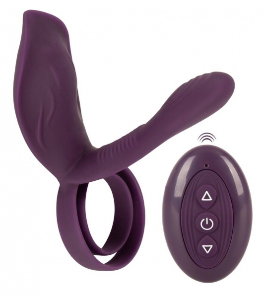Фиолетовая насадка на член с клиторальным отростком и пультом ДУ RC Couple’s Vibrator 2 - Orion - в Ярославле купить с доставкой