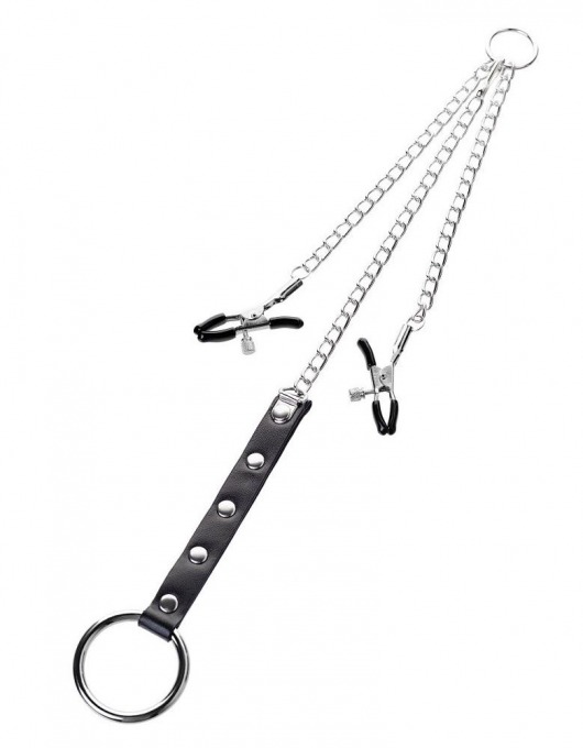 Серебристо-чёрные зажимы для сосков с кольцом для пениса TOYFA Metal - ToyFa - купить с доставкой в Ярославле